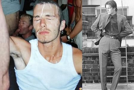 David Beckham with cum on face & trousersnake!