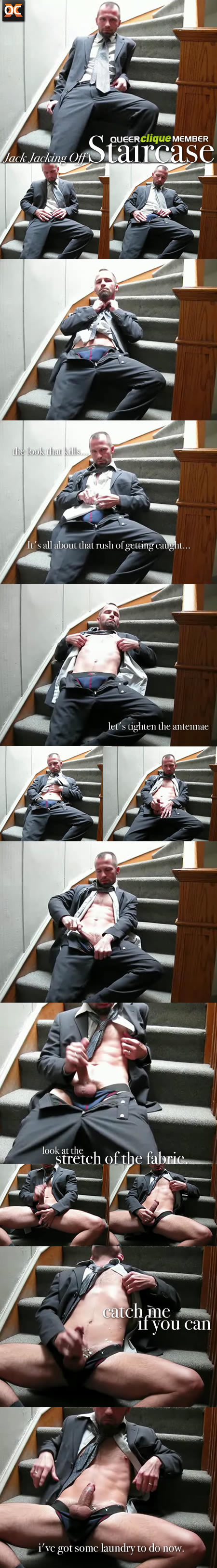 Jack jacks off in his apartment stairwell