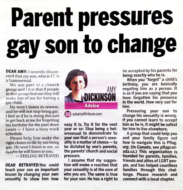 Parent Pressues Gay Son To Change. Advice Columnist Gives Brilliant Reply