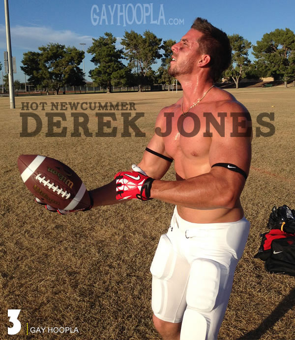 Totally digging Gay Hoopla's new cummer Derek Jones. That sports gear gets us hot and bothered.
