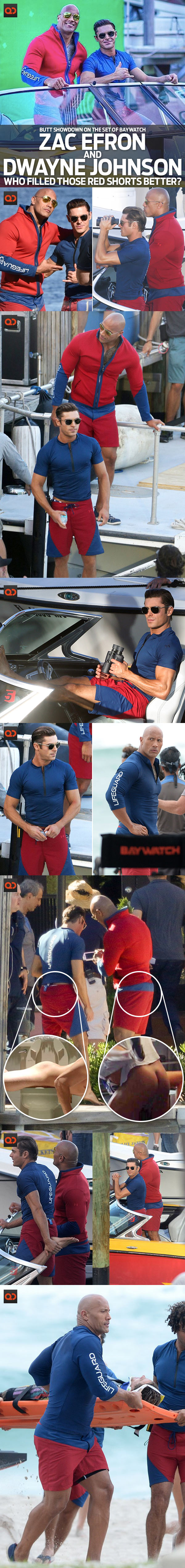 Zac Efron And Dwayne Johnson Had A Butt Showdown On The Set Of Baywatch - Who Filled Those Red Shorts Better?