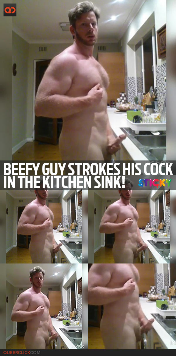Beefy Guy Strokes His Cock In The Kitchen Sink!