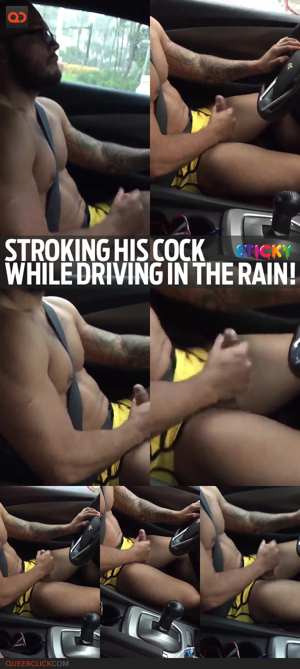 Stroking His Cock While Driving In The Rain!