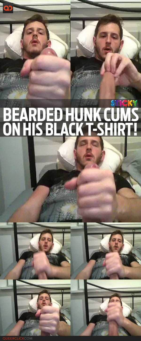 Bearded Hunk Cums On His Black T-Shirt!