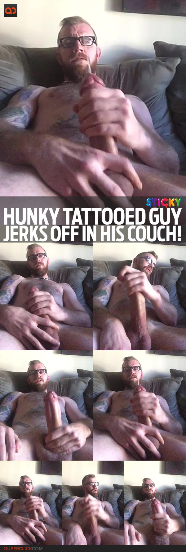 Hunky Tattooed Guy Jerks Off In His Couch!
