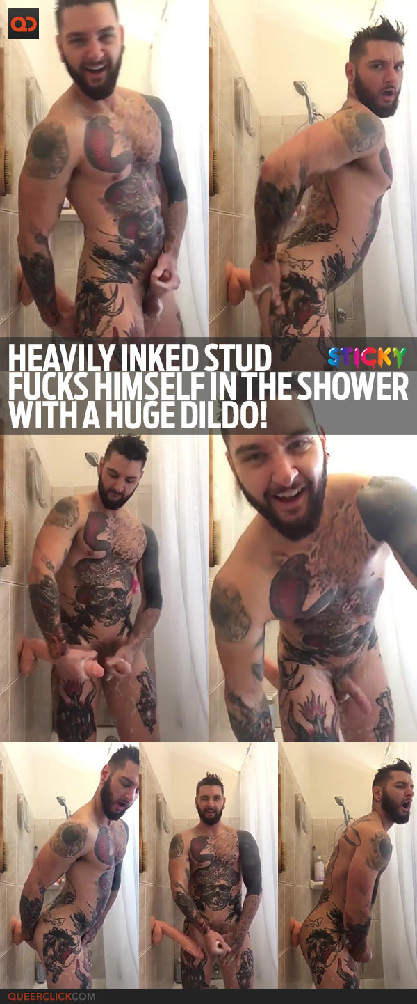 Heavily Inked Stud Fucks Himself In The Shower With A Huge Dildo!