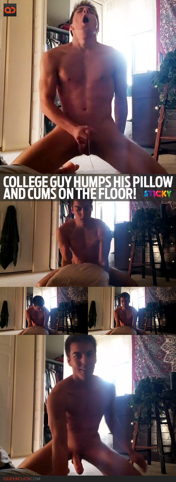 College Guy Humps His Pillow And Cums On The Floor!