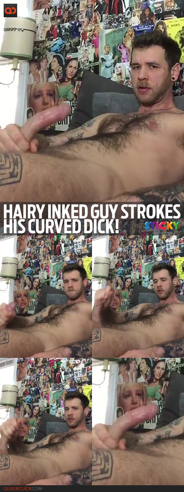 Hairy Inked Guy Strokes His Curved Dick!
