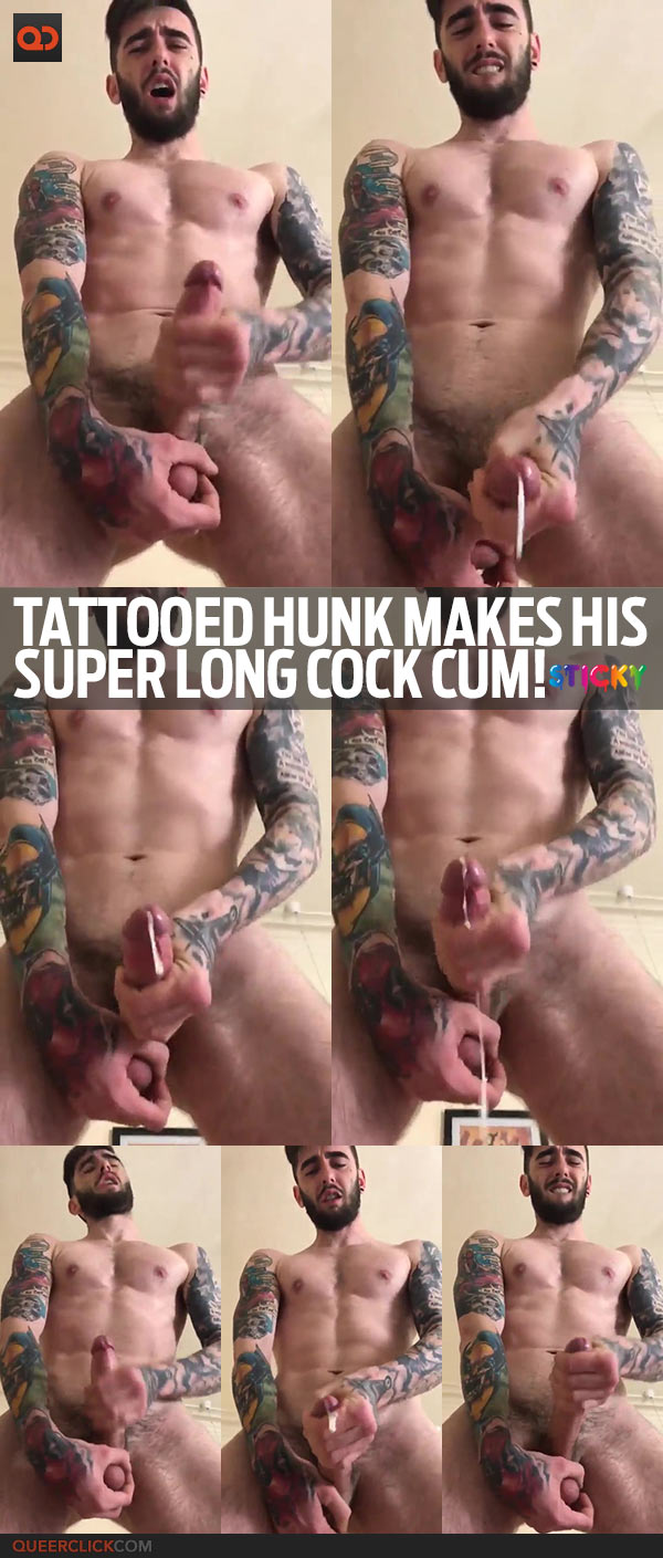 Tattooed Hunk Makes His Super Long Cock Cum!