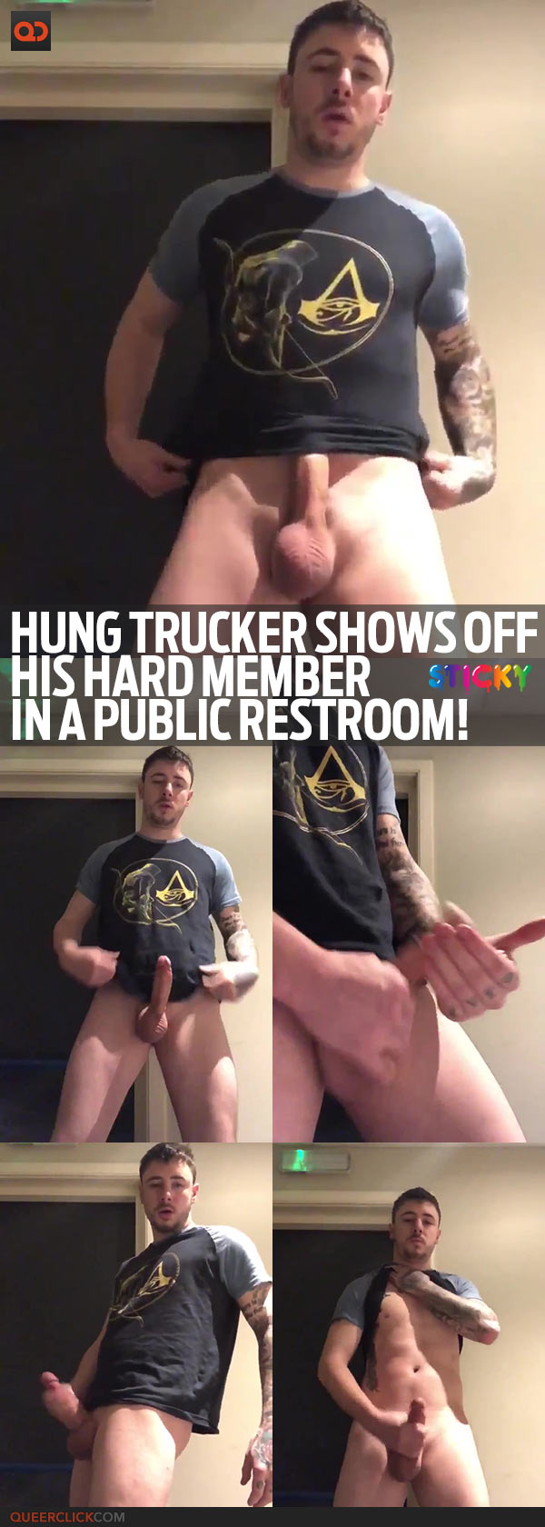 Hung Trucker Shows Off His Hard Member In A Public Restroom!