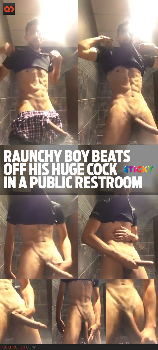 Raunchy Boy Beats Off His Huge Rod in a Public Restroom