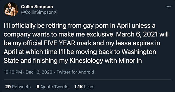 Collin Simpson Says He's Pushing Through with Retirement From Gay Porn Unless...