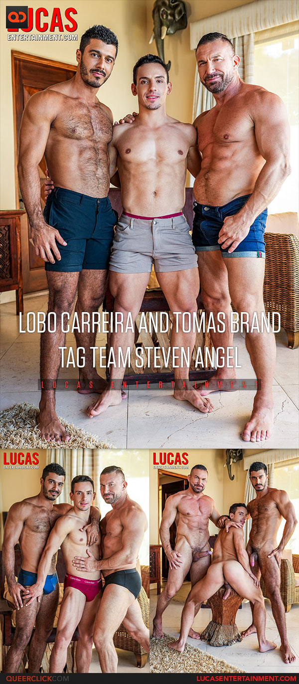 Lucas Entertainment: Lobo Carreira and Tomas Brand Tag Team Steven Angel - Bareback Auditions 23